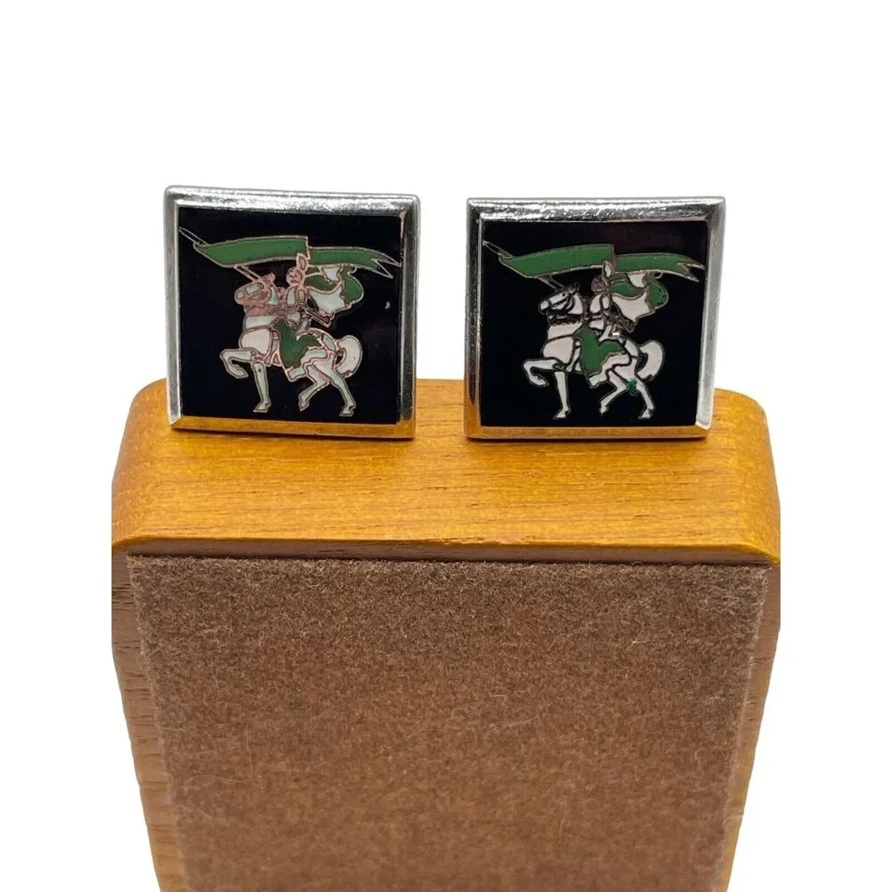 VTG Cufflinks Knight on White horse with Green flag in Silver tone‎ Hallmarked